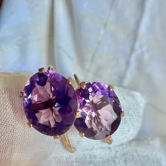 14K Yellow Gold Purple Amethyst Earrings, February Birthstone Earrings